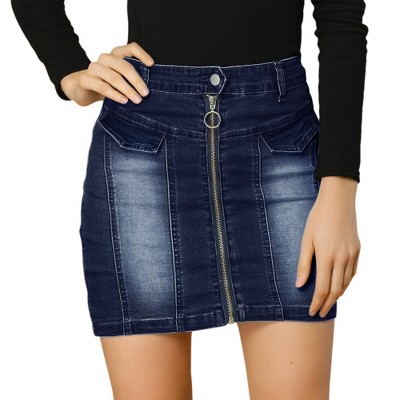 Women's Denim Skirt High Waist Botton Front Slim Fit Mini Jean Skirts Blue  XS