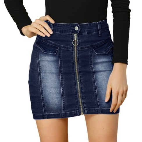 Allegra K Women s Zip Front Slim Fit High Waist Mini Denim Skirts Dark Blue Medium Target