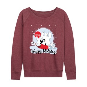 Women's - Coca-Cola - Happy Holiday Sled Lightweight French Terry Wide Neck Long Sleeve Graphic Shirt - 1 of 4