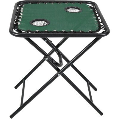 Sunnydaze Weather-Resistant Lightweight Outdoor Folding Sling Side Table with Mesh Drink Holders - Forest Green