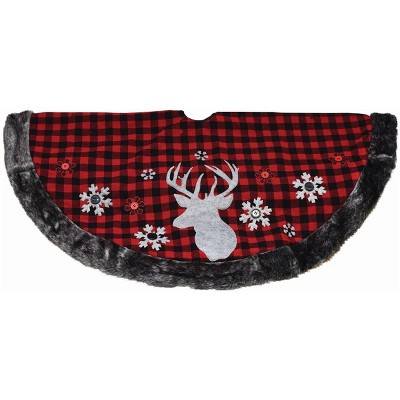 Northlight 48" Alpine Chic Red and Black Checkered Reindeer & Button Snowflakes Christmas Tree Skirt