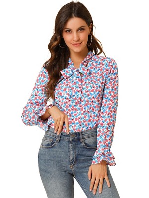 Allegra K Women's Floral Tie V Neck Chiffon Ruffle Trumpet Sleeve Blouse