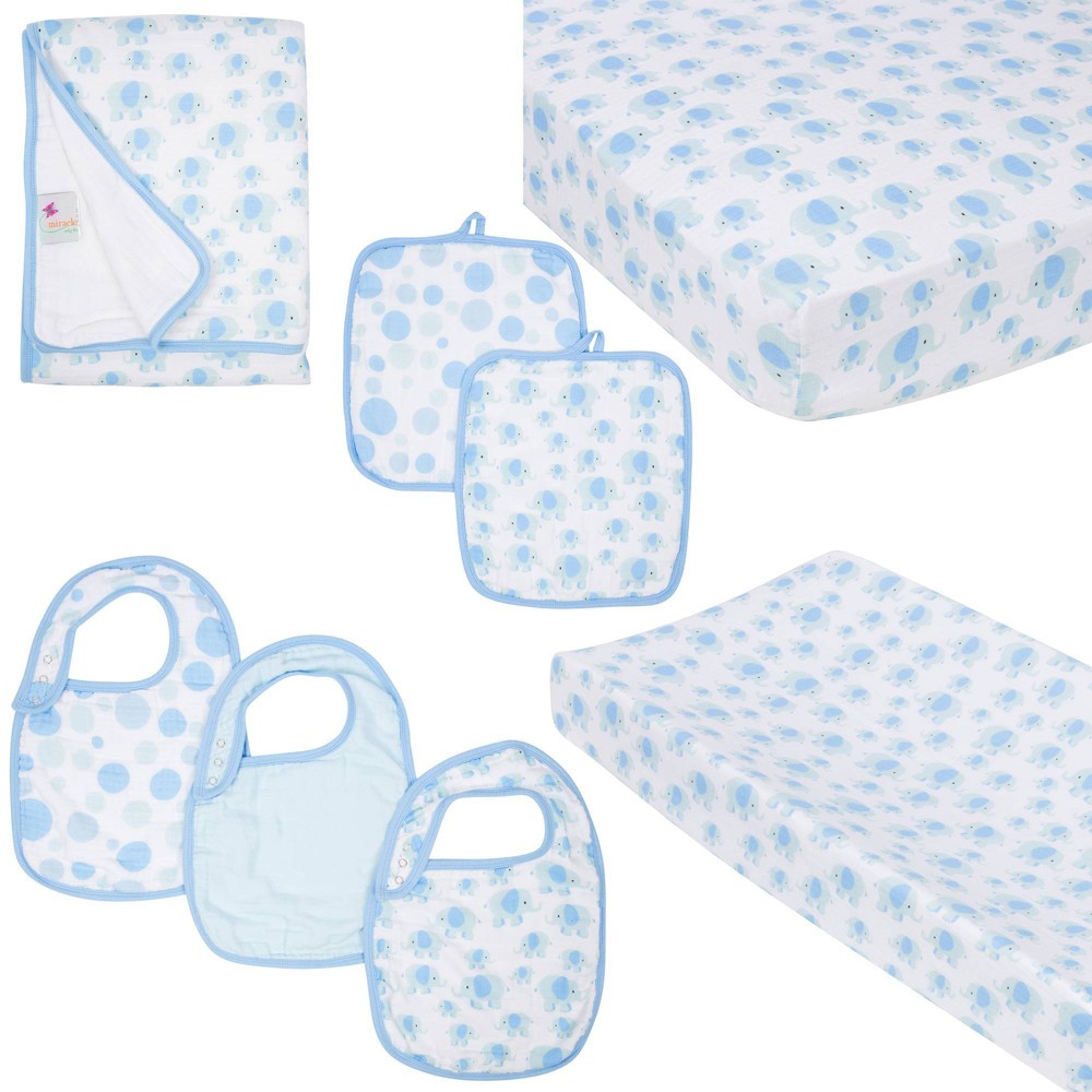 Photos - Bed Linen MiracleWare Fitted Sheets Nursery Set - Blue Elephants 5pc: Cotton Muslin, Standard Crib/Toddler, Animal Prints, 152 Tc