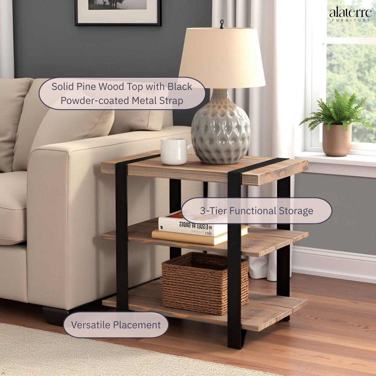 27" Modesto Wide 2 Shelf End Table with Metal Strap, Wood - Alaterre Furniture: Rustic Industrial Design, Black Frame - thumbnail 3
