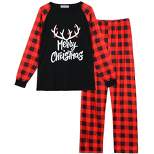 cheibear Men's Christmas Loungewear Deer Lounge Sets Long Sleeves Tee and Plaid Pants Family Pajamas Sets
