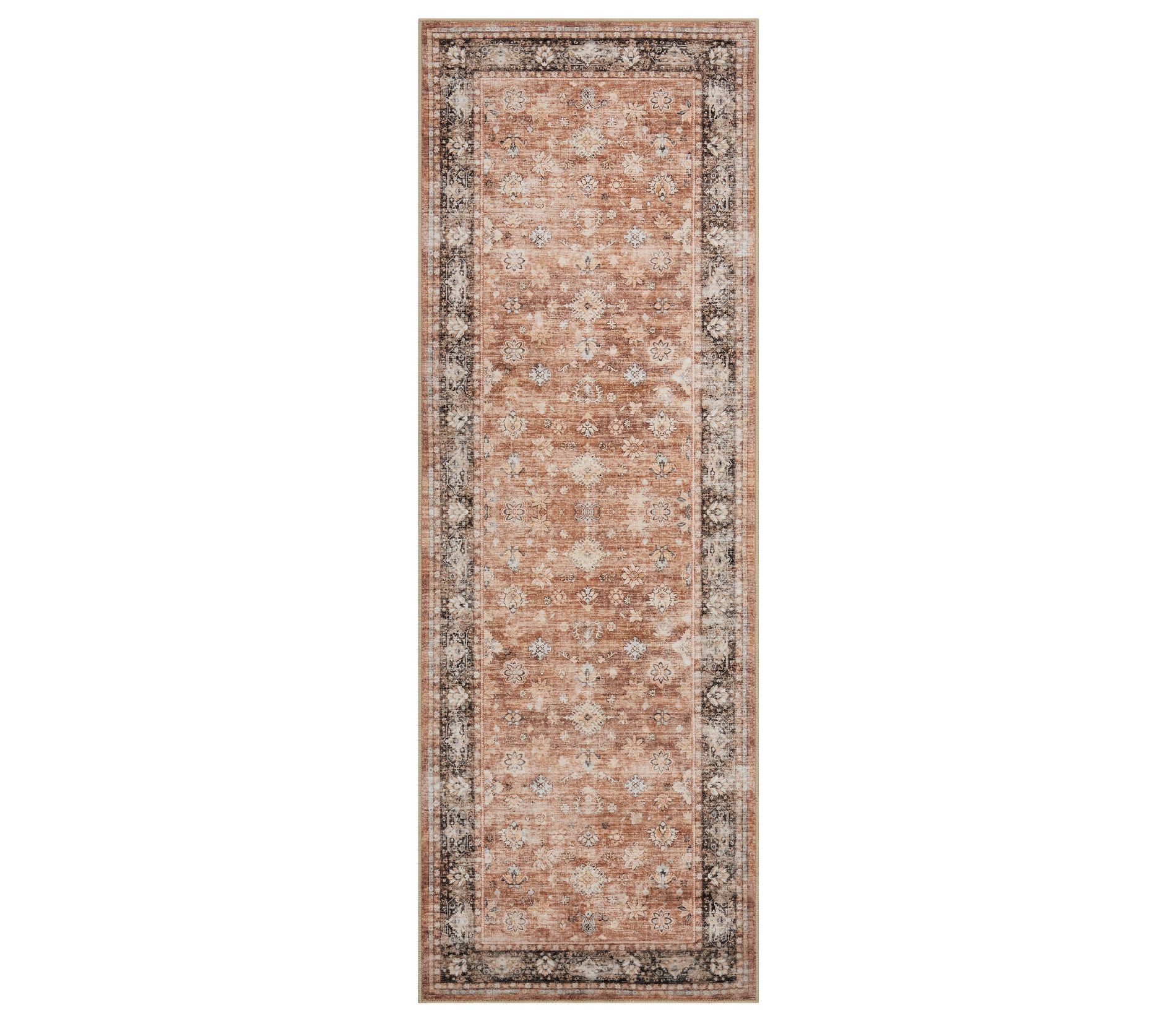 Area Rug 2'x6' Indoor Vintage Living Room Carpet: Washable Distressed Brown Floral, Reversible, Stain-Resistant, Low Pile