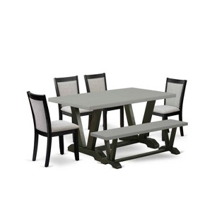 HomeStock 6-Piece Rectangle Natural Oak Finish Solid Wood Top Dining Table with 1-Bench, 4 Upholstered-Chairs - 1 of 4