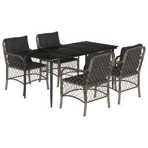 vidaXL 5 Piece Gray Patio Dining Set with Cushions - PE Rattan, Powder-Coated Steel, Tempered Glass - Garden, Backyard, and Deck Outdoor Furniture - 1 of 4