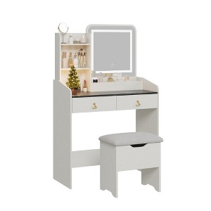 Vanity Desk with LED Light Mirror and Charging Station, Small Vanity Set with Storage Stool, 4 Open Shelves and 2 Drawers, Makeup Vanity Table - 1 of 4