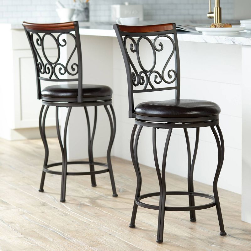 55 Downing Street Alberta Metal Swivel Bar Stools Set of 2 Black 24" High Traditional Brown Faux Leather with Backrest Footrest for Kitchen Counter, 2 of 10