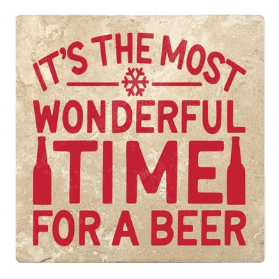 Christmas by Krebs Set of 4 Ivory and Red "IT'S THE MOST WONDERFUL TIME FOR A BEER" Square Coasters 4"