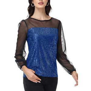 Anna-Kaci Women's Sheer Mesh Long Sleeve Top with Sequin Front Panel and Crew Neckline - 1 of 4
