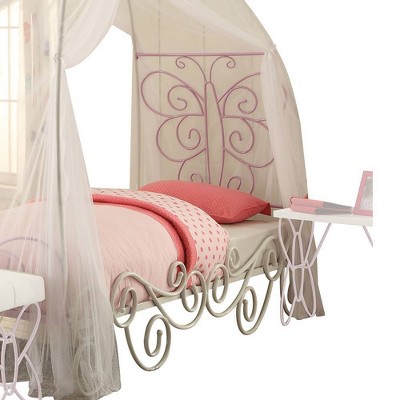 Priya II Full White and Light Purple Metal Canopy Bed with Butterfly Design