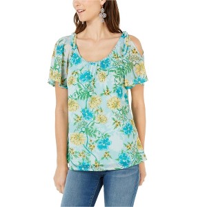 I.N.C International Concepts Womens Floral Cold Shoulder Blouse, Blue, Large - 1 of 1