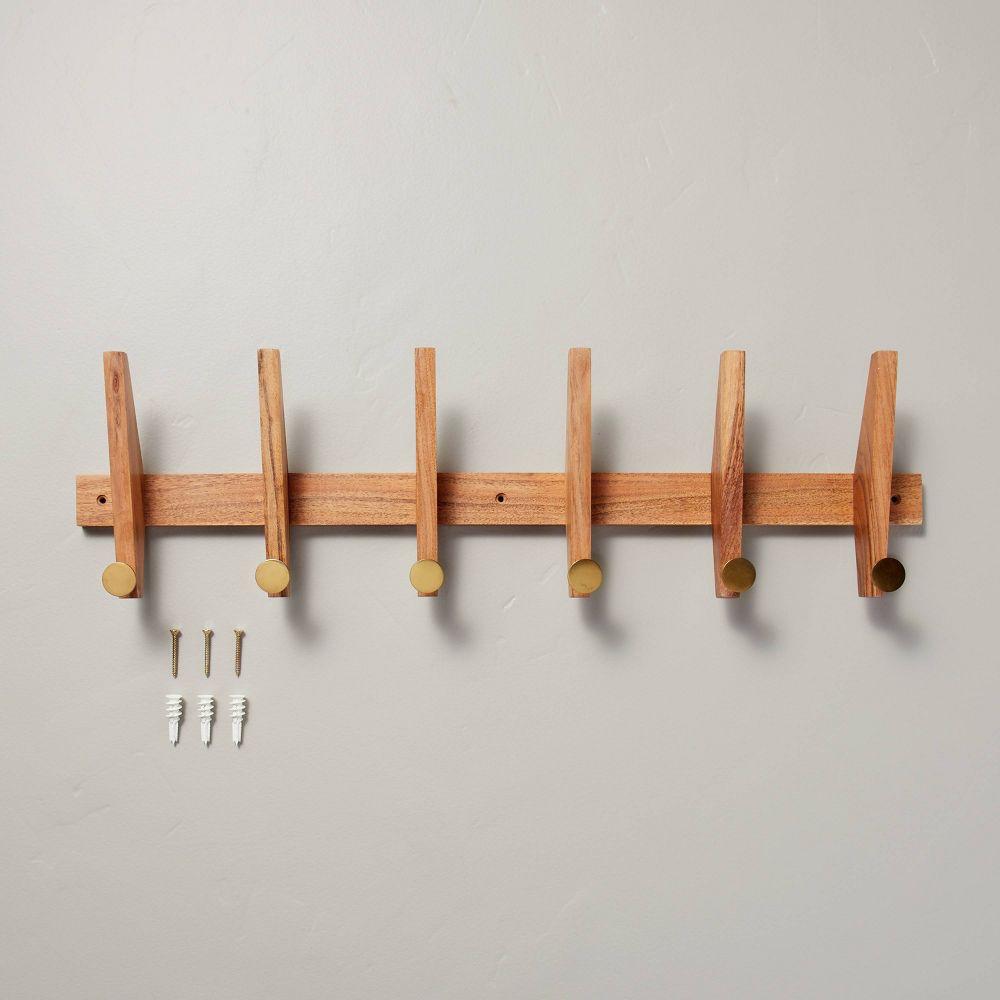 Hearth & Hand Magnolia Wood Brass Wall Hook Rack Hanging Rail 6 - Picture 2 of 3