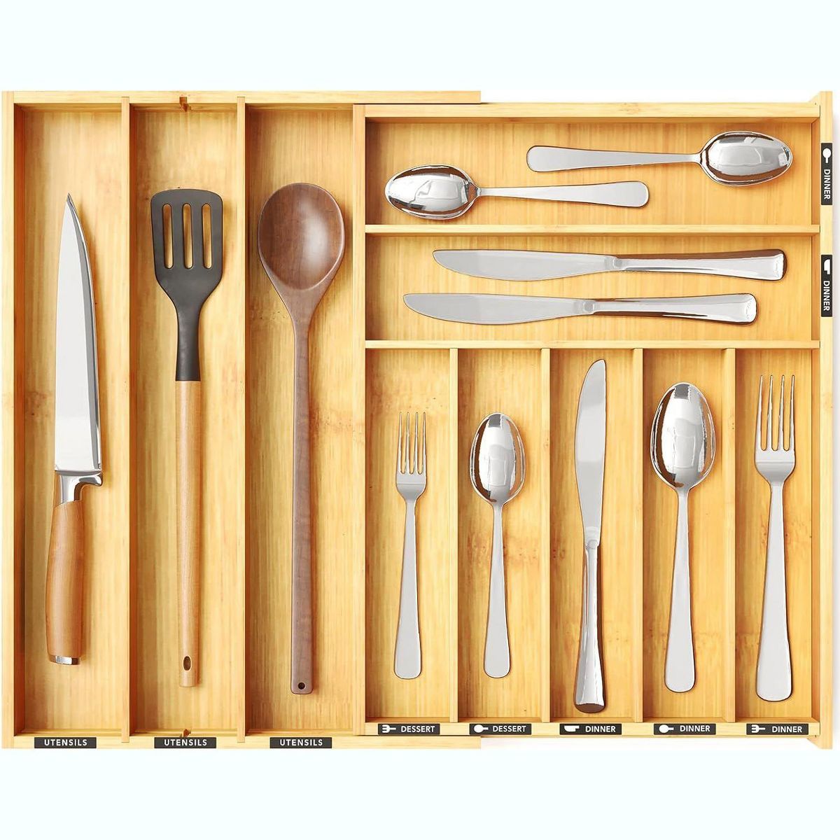 Silverware Drawer Organizer with Labels (Natural, 10 Slots) ,Bamboo ,Expandable