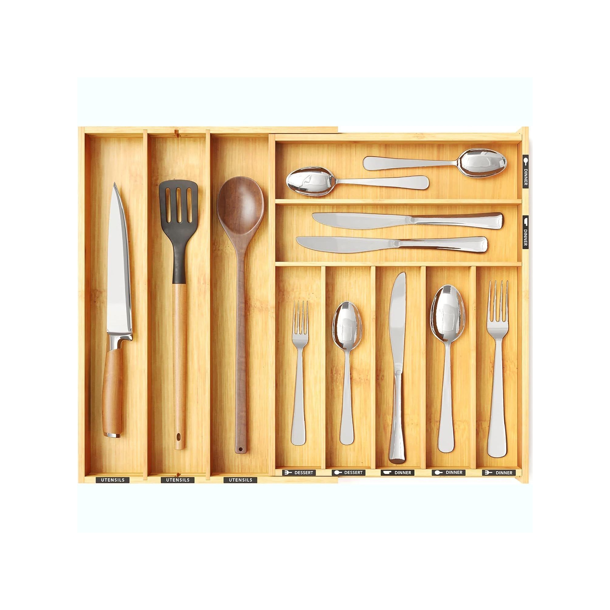 Silverware Drawer Organizer with Labels (Natural, 10 Slots) ,Bamboo ,Expandable