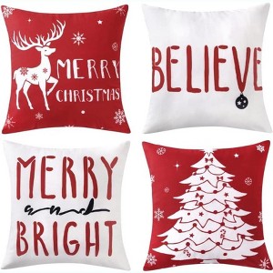 TackView 4-Piece Velvet Christmas Pillow Cover Set - 18x18 Inch Red Holiday Throw Covers with Festive Designs for Sofa,red - 1 of 4