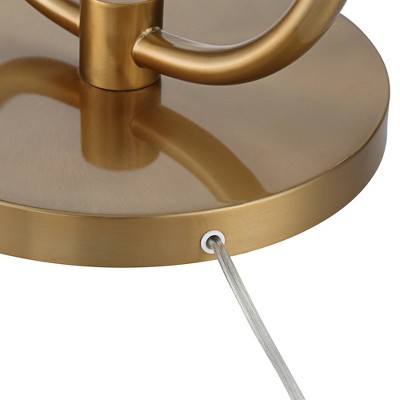 Brass Arc Floor Lamps with White Linen Shades and Glass Tray Tables
