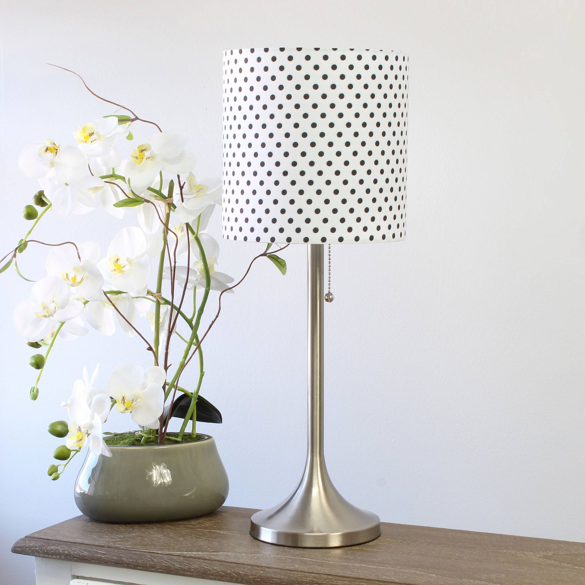 Simple Designs Tapered Table Lamp with Polka Dot Fabric Drum Shade Brushed Nickel