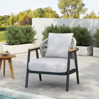 Outdoor Rope Lounge Chairs,Cushioned Patio Club Chairs with Gray Frame and Plastic Wood Armrests–Maison Boucle