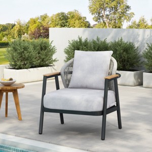 Outdoor Rope Lounge Chairs,Cushioned Patio Club Chairs with Gray Frame and Plastic Wood Armrests–Maison Boucle - 1 of 4