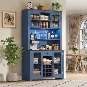 JANSNO 70.9" Rustic Kitchen Pantry Cabinet with Doors, Lights & Wine Rack & Shelves for Dining Room - 1 of 4
