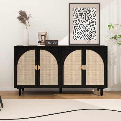 Vatros Rattan Cabinet Storange Cabinet for Living Room, 4 Door, Black