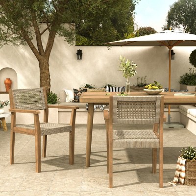 Set of 2 Outdoor Dining Arm Chairs, Acacia Patio Chairs with Wicker Back and Seat, Modern Garden Seating -The Pop Home