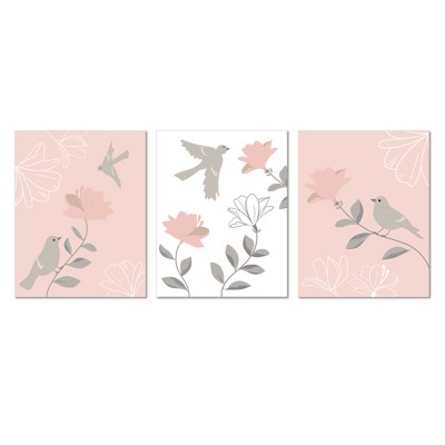 Petal Pink and Soft White Floral Bird Unframed Wall Art Set