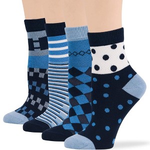 Women's Cotton Diabetic Quarter Patterned Socks - 4 Pack - Shoe Size 5-9 M, 8-12 L - Heart, Stripe, Flower - Black, Blue | 7BIGSTARS KINGDOM - 1 of 4