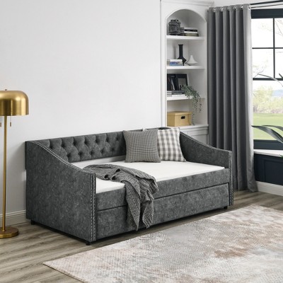 Upholstered Daybed with Trundle, Platform Bed Frame, Linen Storage Sofa Bed Frame for Living Room or Bedroom, Wood Slat Support