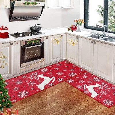 Acekool 2-Piece Red Festive Print Indoor Mat Set, Soft Washable Stain Resistant, 17"x29"+17"x47", Foldable Non-Shedding Rug for Kitchen Bedroom