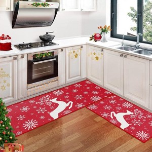 Acekool 2-Piece Red Festive Print Indoor Mat Set, Soft Washable Stain Resistant, 17"x29"+17"x47", Foldable Non-Shedding Rug for Kitchen Bedroom - 1 of 4
