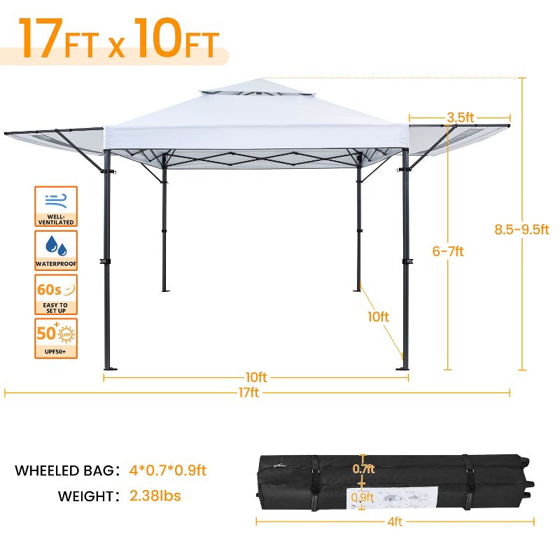 Topeakmart 10x17ft Pop-up Gazebo Canopy with Double Awnings, 3 of 11