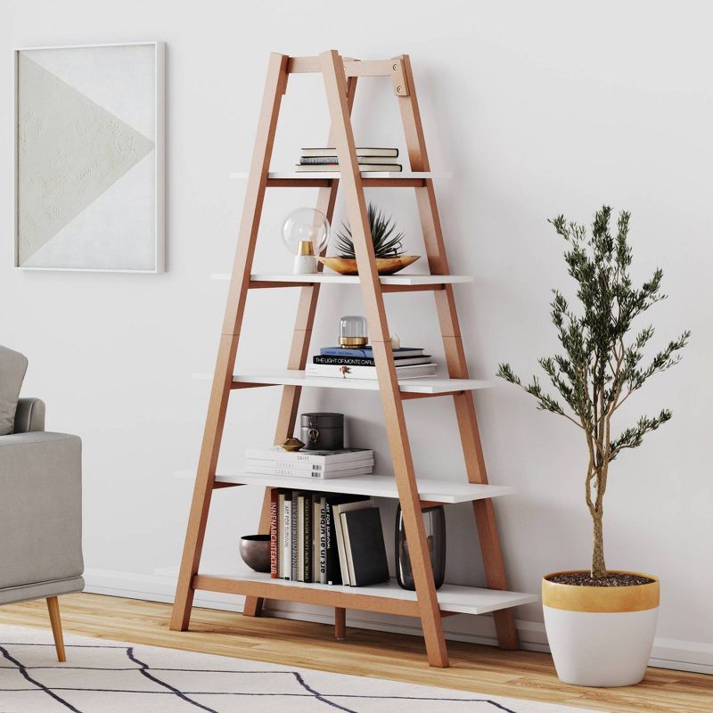 66&#34; Carlie Wood 5-Shelf Ladder Display Bookshelf Medium Pine/Matte White- Nathan James, 1 of 7