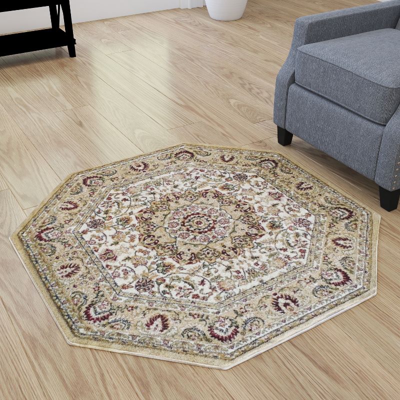 Merrick Lane Traditional Maidon 4' x 4' Persian Style Floral Medallion Motif Octagon Olefin Area Rug with Jute Backing in Ivory, 3 of 8