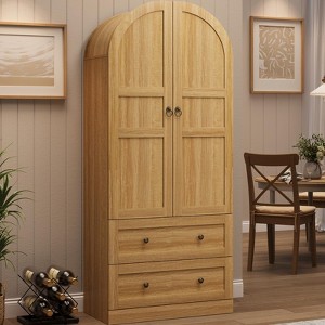 72" Tall Arched Kitchen Storage Cabinet, Farmhouse Pantry Cabinets with 2 Glass Doors & Drawers, Large Wood Display Pantry Cabinets - 1 of 4