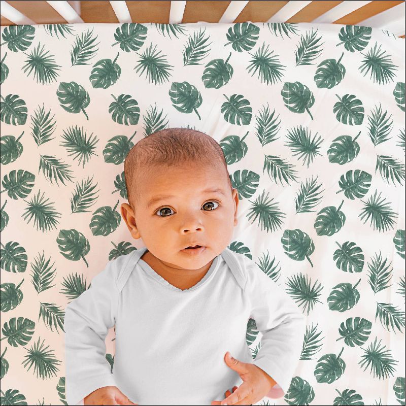 The Peanutshell Fitted Crib Sheets - Green Botanical Leaf and Stripe - 2pk, 3 of 9