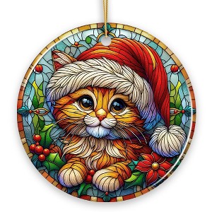 Adorable Cat in Santa Hat Stained Glass Style Ceramic Ornament, Christmas Gift and Decor| OrnamentallyYou - 1 of 4