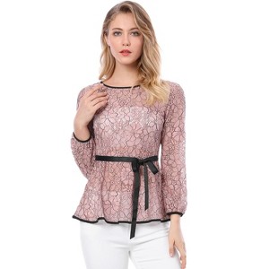 INSPIRE CHIC Women's Semi-Sheer Elegant Tie Waist Long Sleeve Floral Lace Peplum Blouses - 1 of 4
