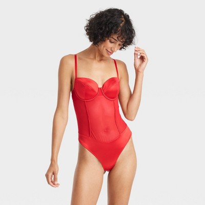 Women's Satin and Mesh Lightly Lined Lingerie Bodysuit - Auden™ Red S