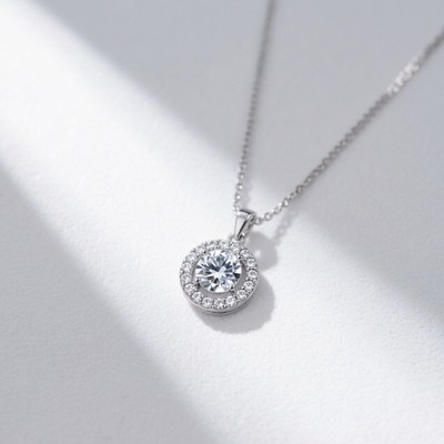 18k White Gold-Vermeil Halo Crystal Pendant Necklace