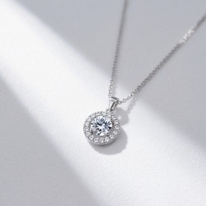18k White Gold-Vermeil Halo Crystal Pendant Necklace - 1 of 4