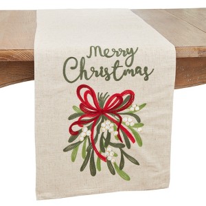 Saro Lifestyle Festive Merry Christmas Ribbon Table Runner, 16"x70", Beige - 1 of 3