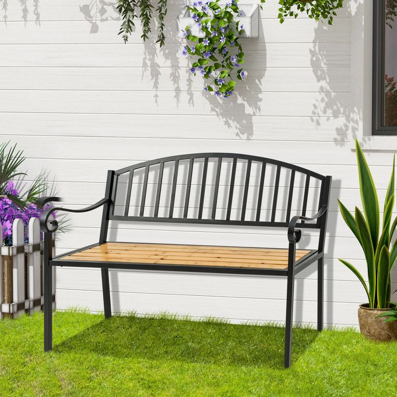 Outsunny 50" Garden Bench, Patio Loveseat with Antique Backrest, Wood Seat and Steel Frame for Backyard or Porch, 3 of 6