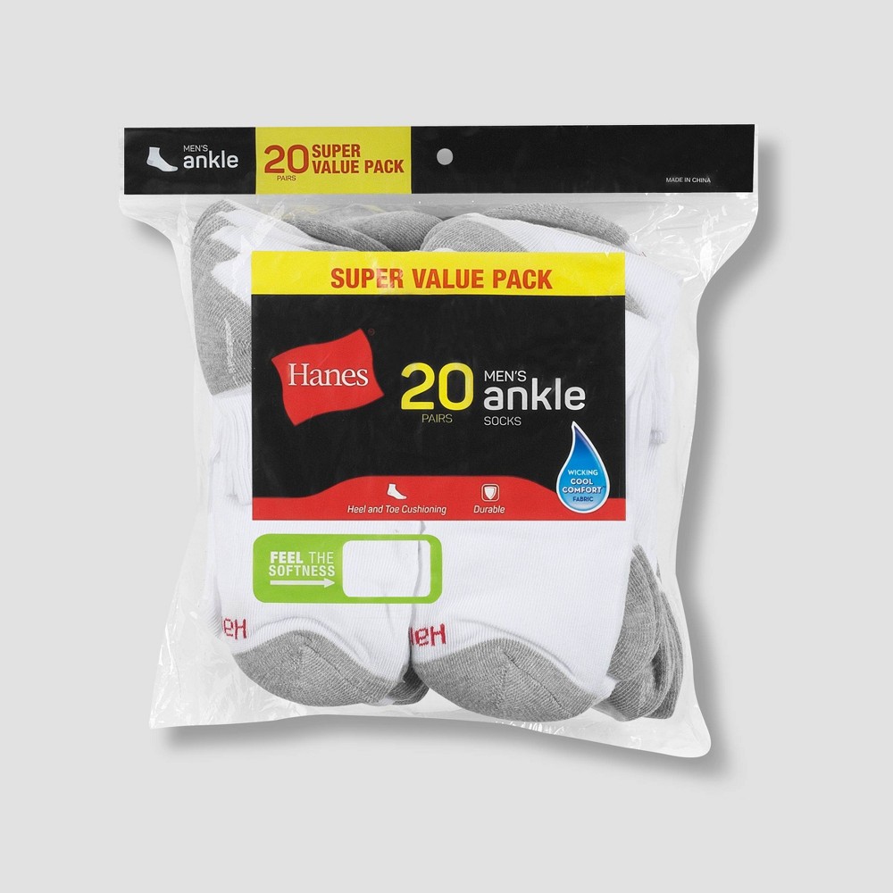 Hanes Men's Lightweight Comfort Super Value Ankle Socks - 20Pk, White/Gray 6-12