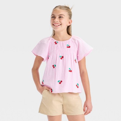 Girls' Short Sleeve Embroidered Woven Top - Cat & Jack™