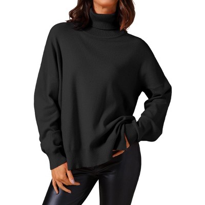 INSPIRE CHIC Women's Mock Neck Pullover Drop Shoulder Long Sleeve Side Slit Sweater