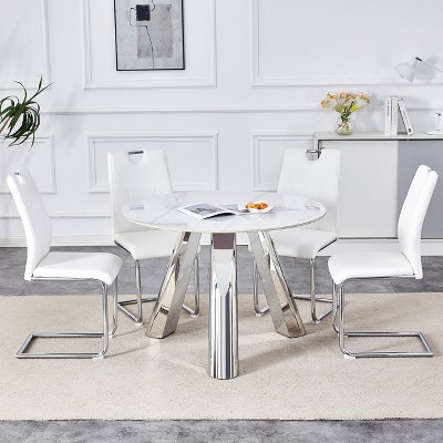 FURNIinspire Dining Sets Table And Chair Set, 42" Stainless Steel Leg Round Table And 4 White Dining Chairs With Silver Metal Leg, White And Silver